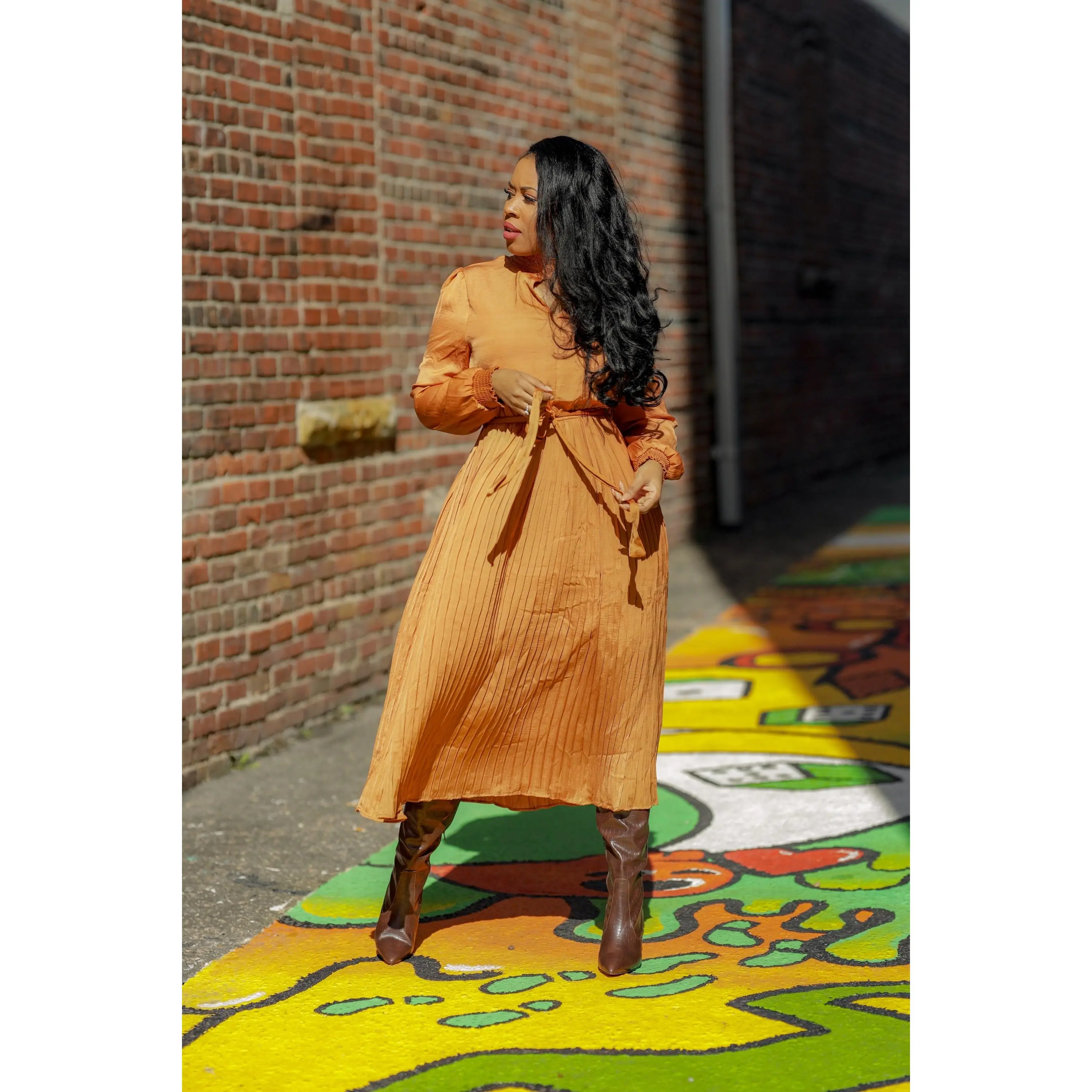 Pleated Camel Dress