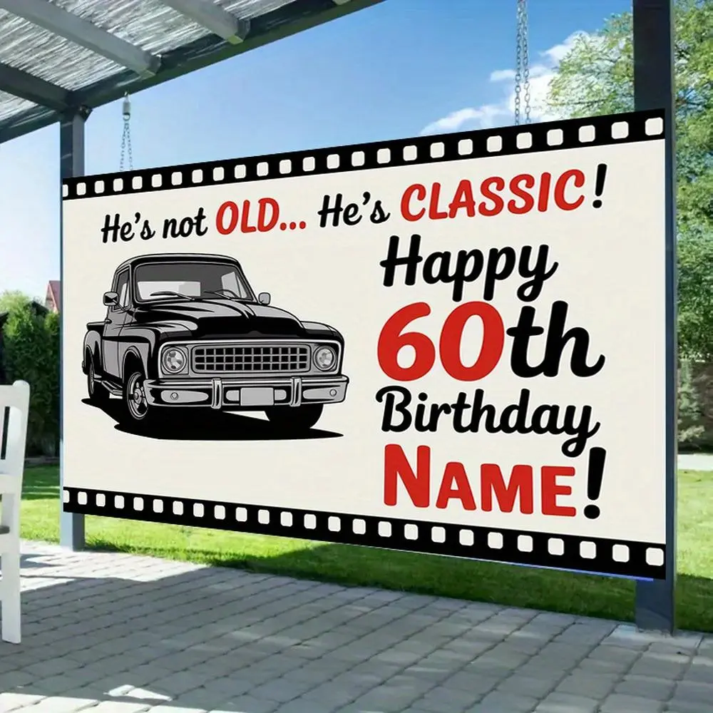 60th Birthday Backdrop Banner - 1PC Vintage Truck 2D Flat Design, Customizable Name, Reusable Polyester Standing Banner, Party Decoration Supplies for Indoor-Outdoor Parties, Home Festivities, Photo Backdrops