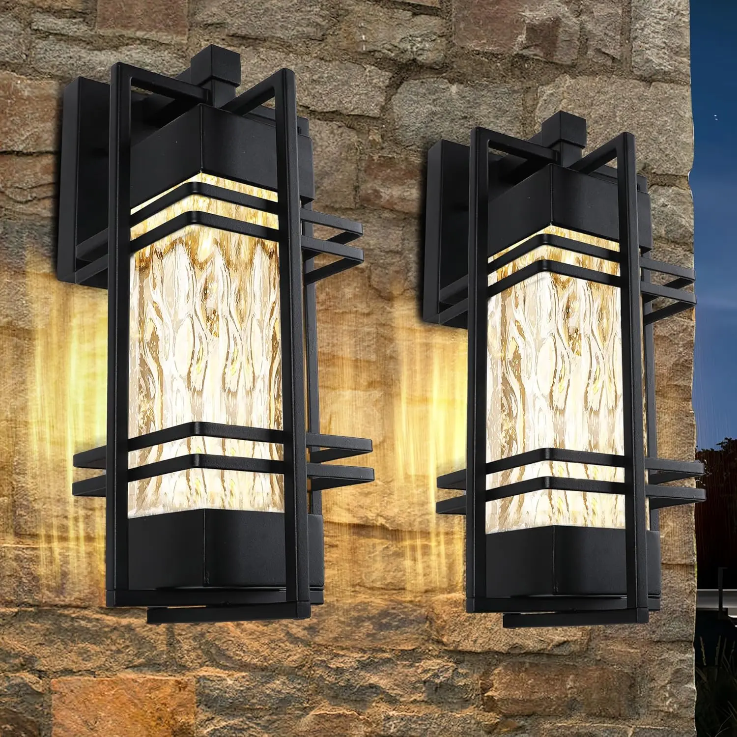 Outdoor Front Porch Light Fixtures Wall Mount, Water Ripple Outdoor Wall Lantern,2 Pack Black Exterior Lighting Fixtures, Waterproof Sconce Lights, Outside Lantern Lamp for Garage(Bulb Included)