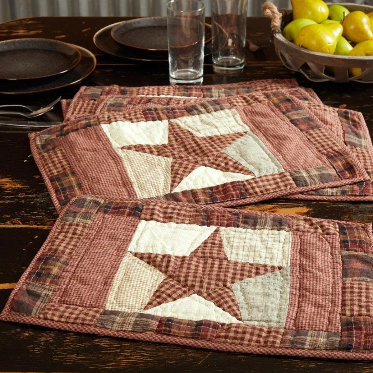 Rustic Star Quilted Rectangle Placemats Set of 6 - 12" x 18"
