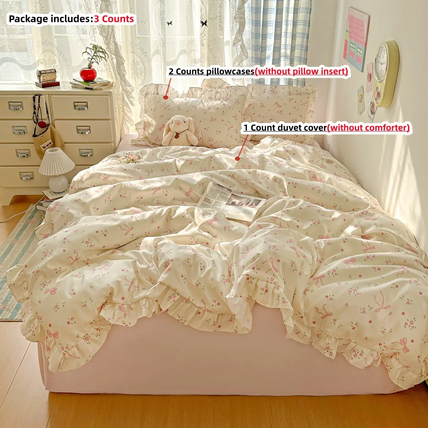 3-Piece Korean Style Bow Print Bedding Set, Includes Duvet Cover & Pillowcases,no insert, Breathable Fabric, All-Season Use, Easy Care, Printed Bedding Set, Bed Sets