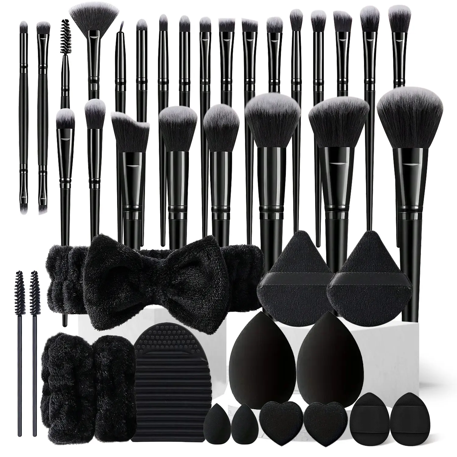 41PCS Makeup Tool Set Includes Makeup Accessories, 25Pcs Black Makeup Brushes & 4Pcs Makeup Sponges & 2Pcs Triangle Puffs & 1Pcs Headband & 1Pcs Brush Cleaner Mat & 4Pcs Finger Puffs & 2Pcs Eyelash Brushes for Your Routine