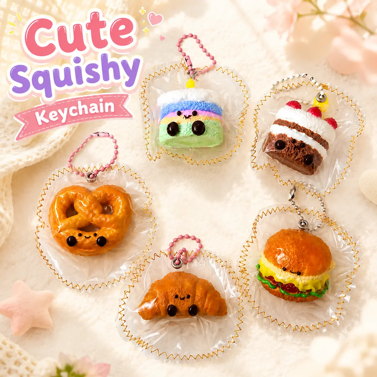 Kawaii Look Mini Croissant Taba Squishy Keychain Bag Charm - Soft Stress Relief Squeeze Toy, Fidget Accessory, Cute Gift for Girls' Bags & Keys, Keychain Charms Accessories, Squishies, Mini Squishies