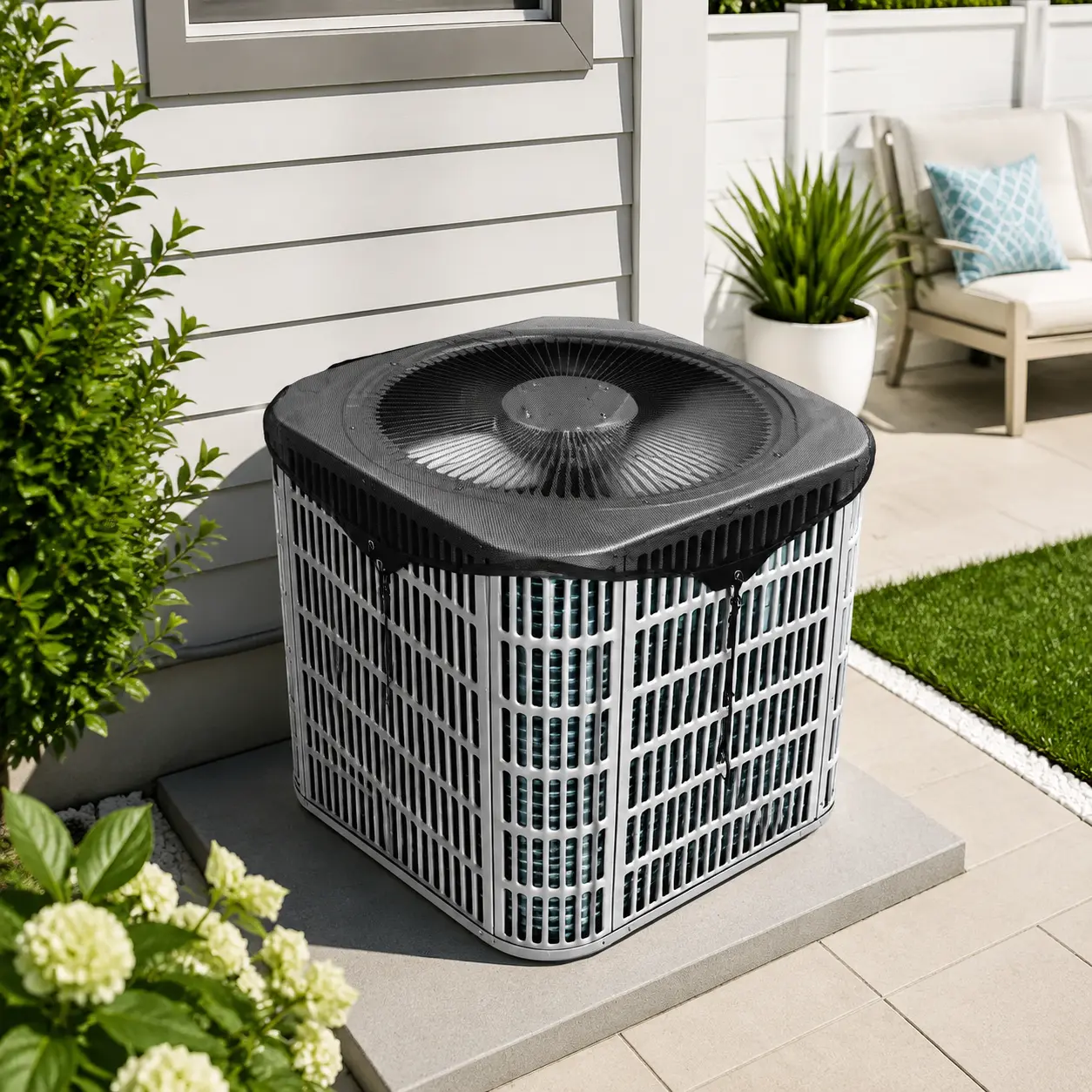 Dust-proof outdoor air conditioner condenser guard cover, with efficient ventilation and breathable top mesh cover, suitable for outdoor units of central  air conditioners. The size is external  28×28 inches, effectively blocking fallen leaves and debris.