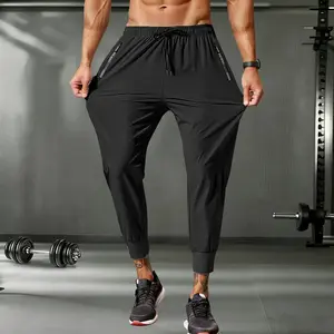 Men's Ankle-Length Casual Athletic Joggers - Elastic Waistband, Zipper Pocket, Thin Ice Silk Slip Fabric, Flexible Gym Pants for Athleisure, Mid-Calf Men's Pants