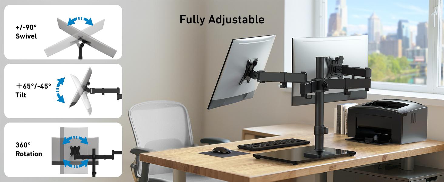 HUANUO Freestanding Dual Monitor Stand, 32 Inch Dual Monitor Mount for 2 Screens, Holds up to 19.8 lbs per Arm, Gaming Monitor Arm Riser with Tempered-Glass Base, Tilt, Swivel, Rotation, Black
