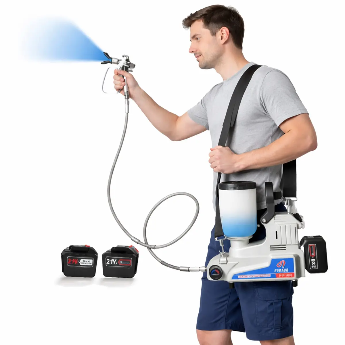 Cordless Airless Paint Sprayer, 21V Battery Powered with 2×5.0Ah Batteries, 2.5 L/Min High Pressure, 0.5 gal Tank, 3 Adjustable Speeds, 16 ft Hose, Heavy Duty Home Improvement DIY Wall Painting Tool