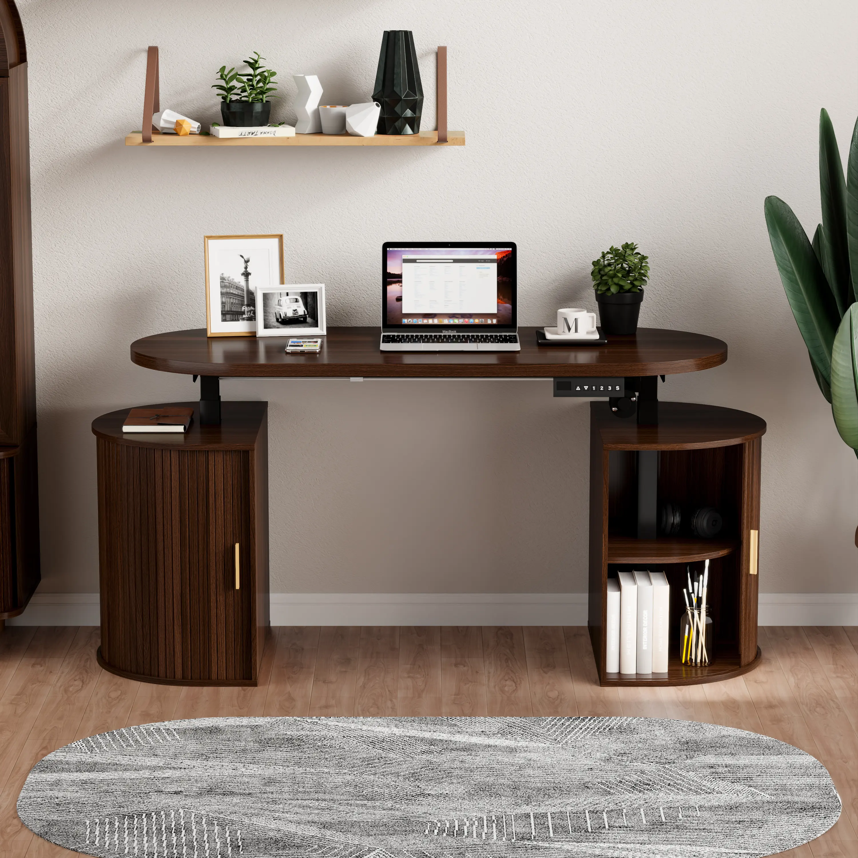【Standing Desk】55" Ergonomic Rising Electric Sit-Stand Study Computer Desk - Modern Office Furniture with Storage Cabinets, 3 Memory Presets, Quiet Motor, Fluted Tambour Sliding Doors for Home Office, Study Desk, Ergonomic Rising Desks