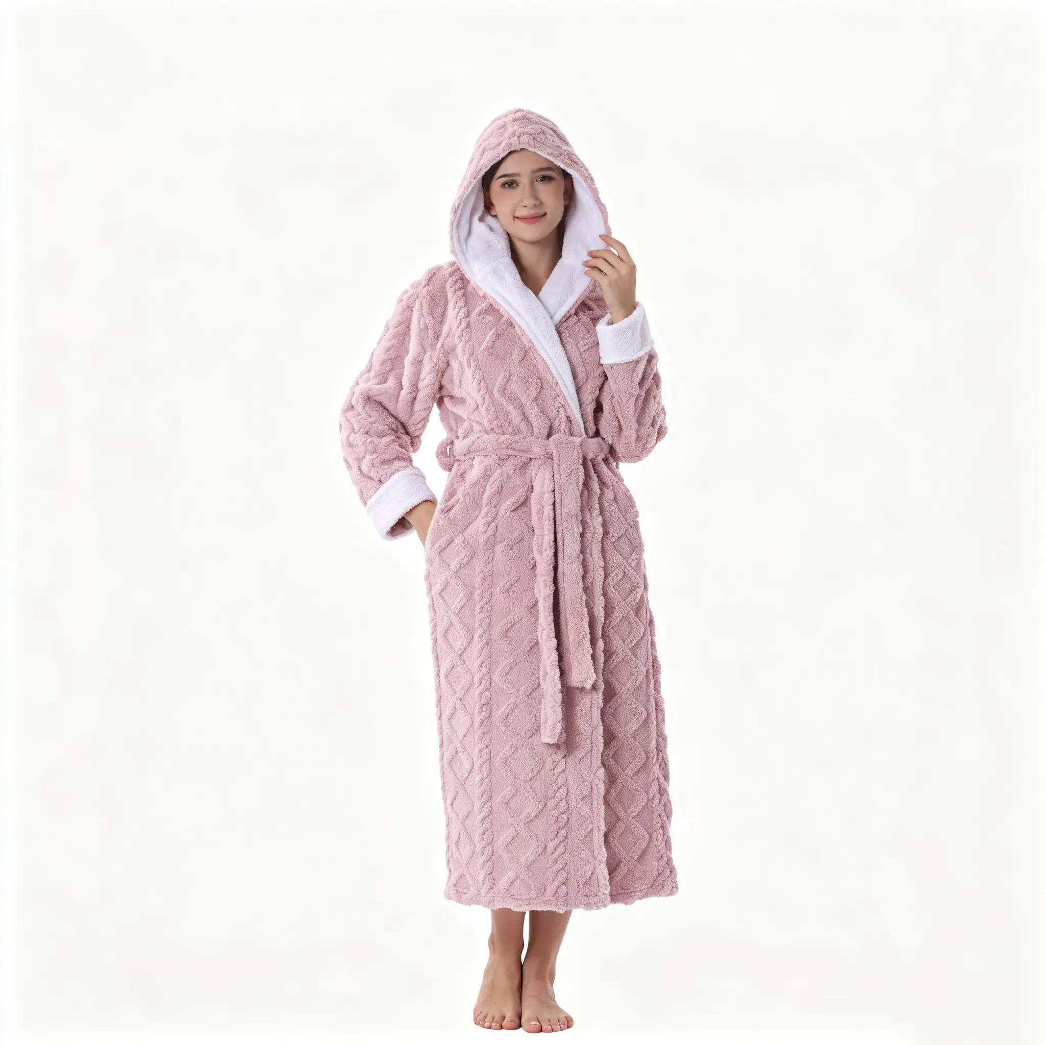 Womens Warm Fluffy Jacquard Fleece Robe, Long Hooded Plush Bathrobe with Belt Pockets for Bath Shower Lounge