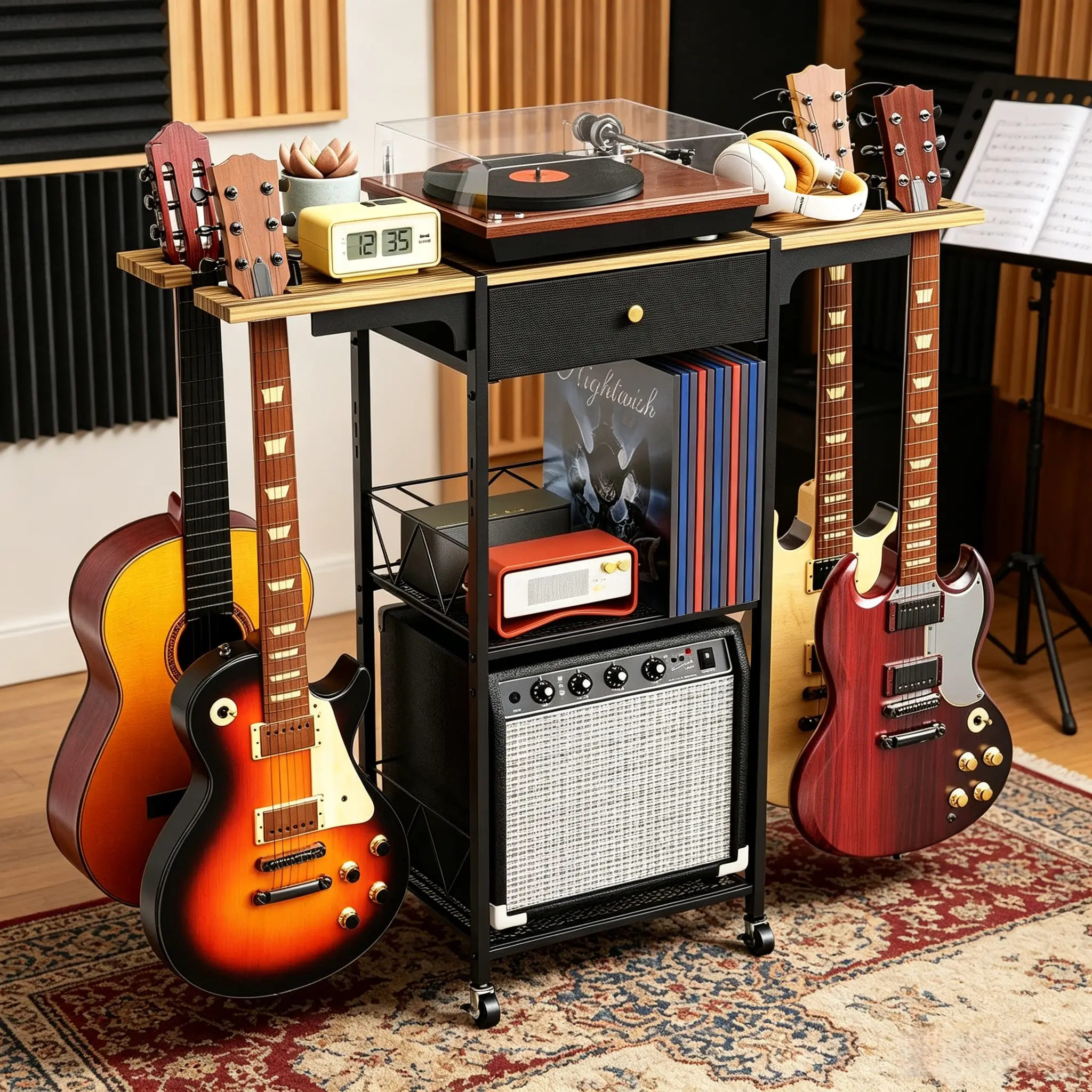 【HUOMAQFAN】 Durable Space-Efficient Metal & Wood Rustic 3-Tier Guitar Rack, Lightweight Portable Organizer with Rolling Wheels, Drawer, Storage Shelf, Acoustic Holder, Amplifier Stand, Guitar Pick for Performers, Bedroom Practice Rooms