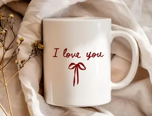 Minimalist "I Love You" Mug, Cute Red Bow Coffee Cup, Coquette Aesthetic, Romantic Gift for Her, Valentine's Day Present