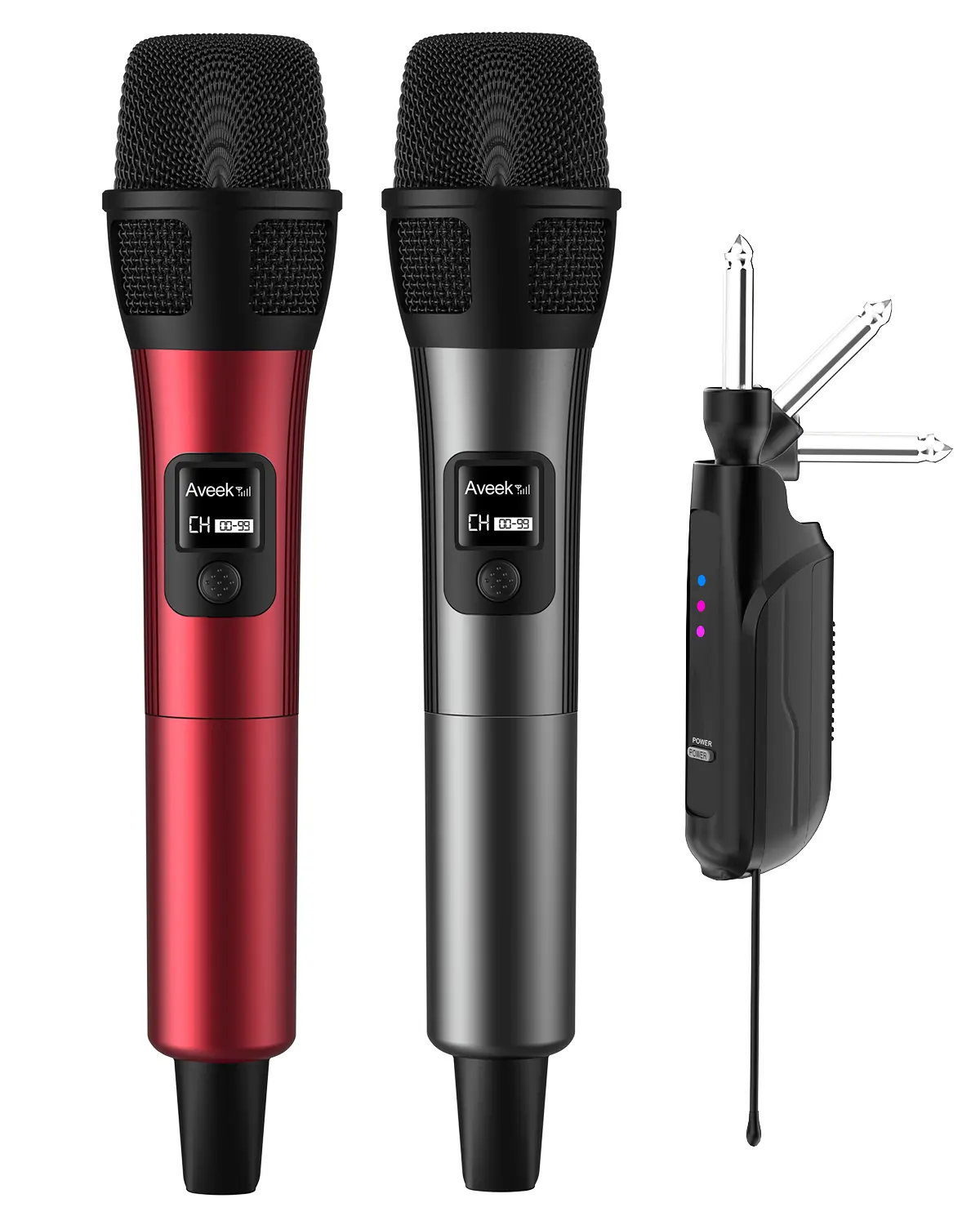 Aveek 2-Pack Handheld Wireless Battery-Powered Microphones, Rechargeable Karaoke Mics with 6.35 mm Jack Plug-and-Play Foldable Receiver, 262ft Stable Noise-Free Connection, 40H Cells, Low Latency Studio Audio for Wedding, PA Systems (Red & Black)