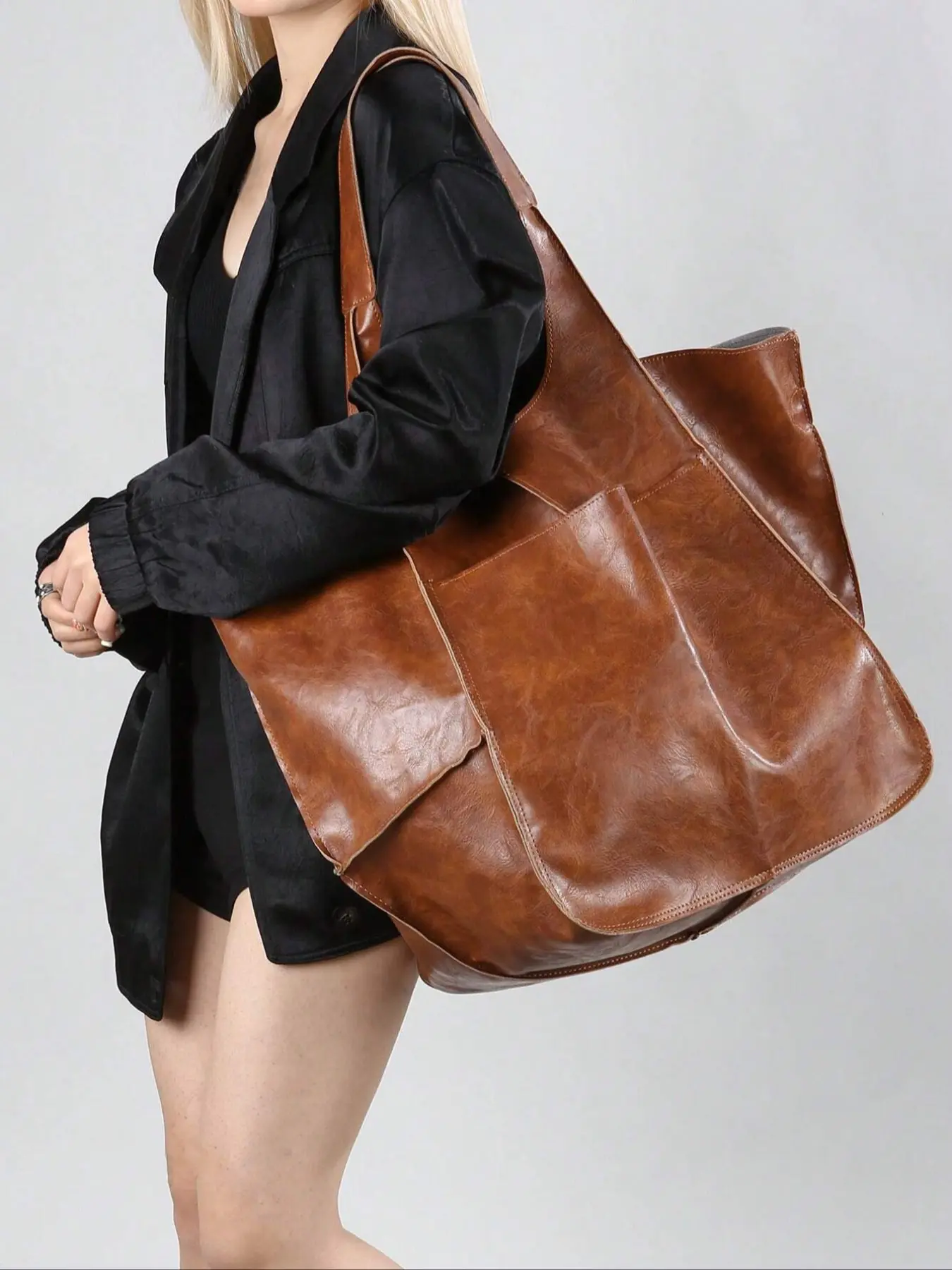Large Capacity PU Leather Tote Bag, Simple Fashion Shoulder Handbag, Versatile Women's Commuter Underarm Bag for Work & Shopping, Slouchy Tote, Stylish Tote Bag, Fashionable Tote Bag, Casual Tote Bag