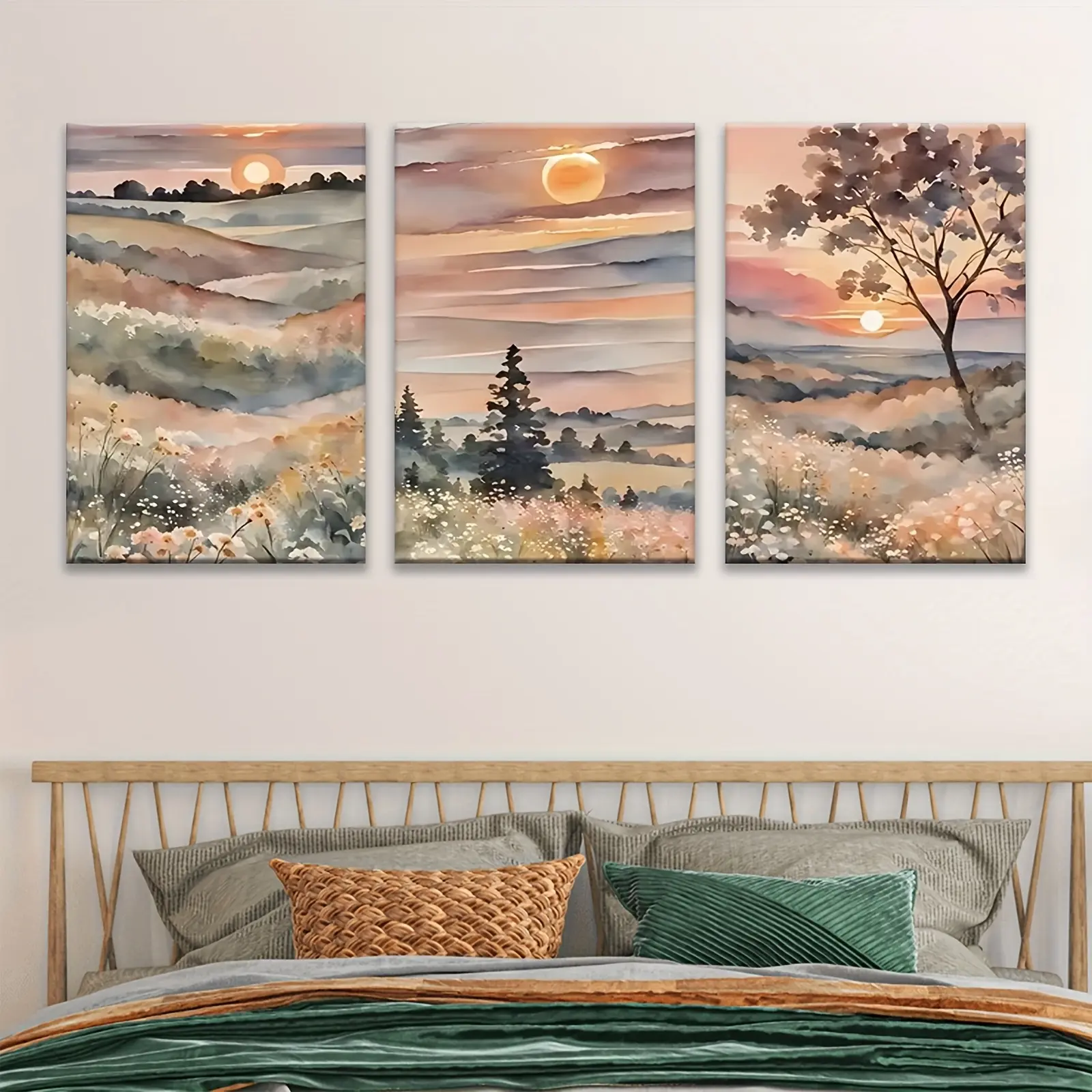 Artistic Eco-Friendly 3-Pcs Wrapped Wooden Frame Landscape Watercolor Art Print Set - 3pcs 8*12*0.75in-Framed, Multi-Size 12"x16",16"x24", Bedroom Wall Decoration, Easy Hanging, Ideal Gift for Easter