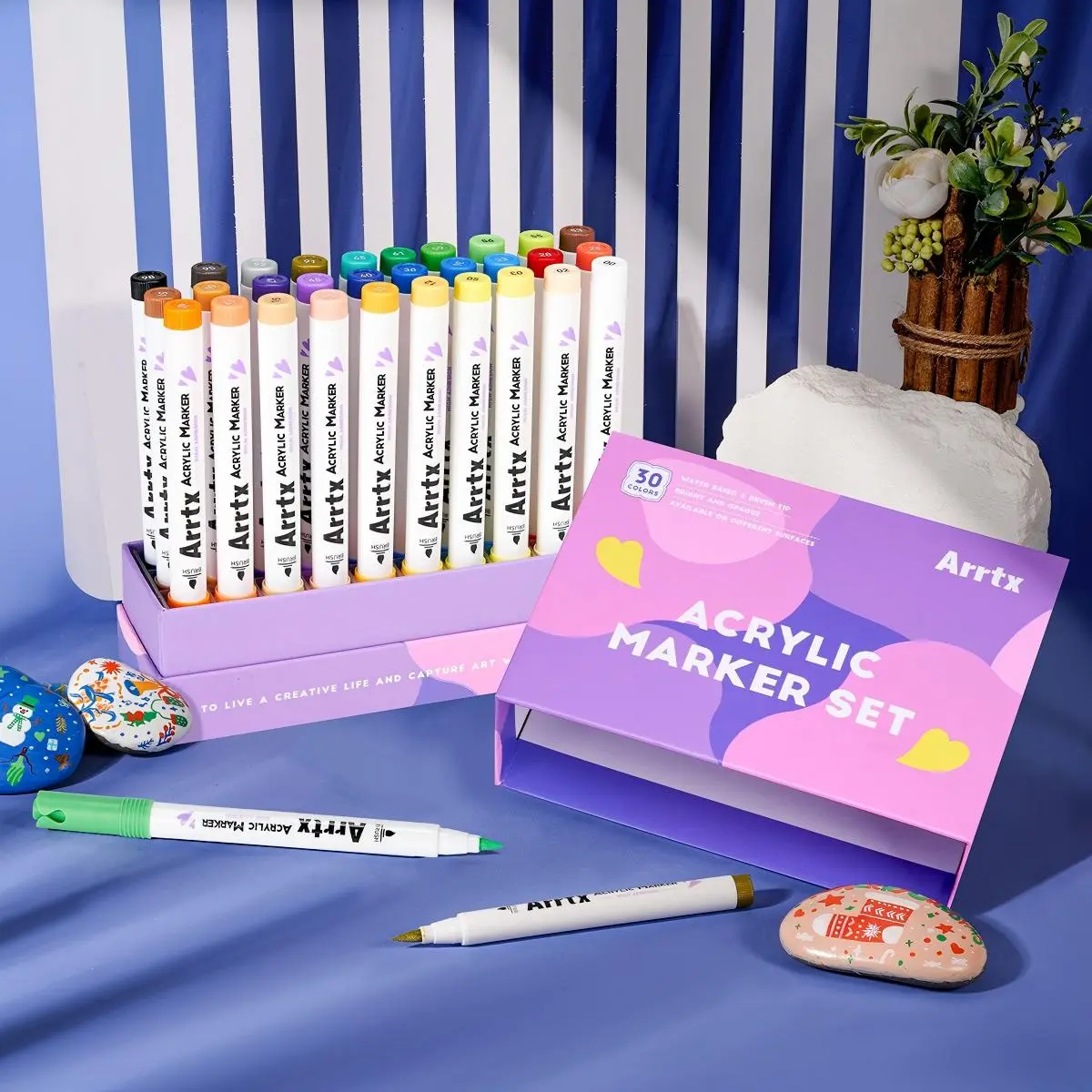 Arrtx 30-Color Acrylic Markers, Extra Brush Tip Markers, Waterproof Art Supplies for Rock Painting, DIY Crafts