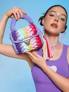colorblock handmade flower crochet handmade bag turn lock tassel decor Colorblock Tassel Bags