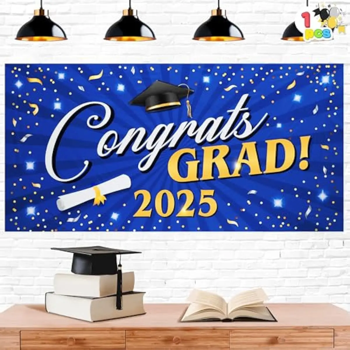 2025 Graduation Plastic Backdrop (Blue), 65" Class of 2025 Congrats Grad Banner with Double Sided Adhesive Dot, Graduation Party Indoor Outdoor Decoration, Photoshoot Props Supplies