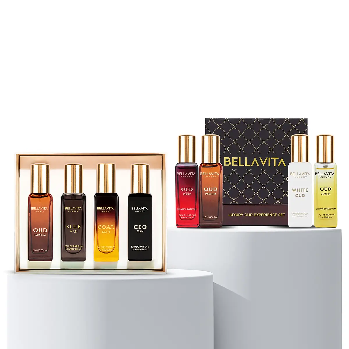 BellaVita Luxury Men’s Oud Signature Perfume Bundle | 2 Premium Gift Sets with 8 Long-Lasting Eau De Parfum Minis | Oud, Oud Gold, Oud Dark, White Oud, CEO Man, Klub Man & G.O.A.T | Portable Perfume Kits