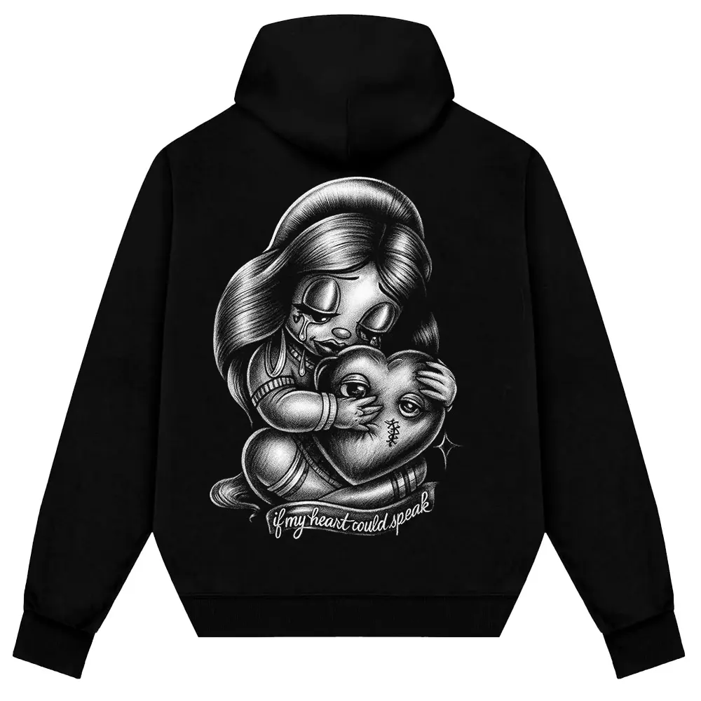 Baby Sad Girl & Heart Chicano Clothing Lowrider Chicana Art Gangster Clothes Cholo Outfit Cotton Fabric Unisex Oversized Hoodie