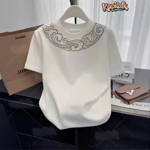 Oriental Traditional Cloud Collar Print Women's Short Sleeve T‑Shirt, Chinese Auspicious Wave Neck Graphic Tee, Minimalist Basic Casual Top, Elegant Ethnic Decorative Neck Tee