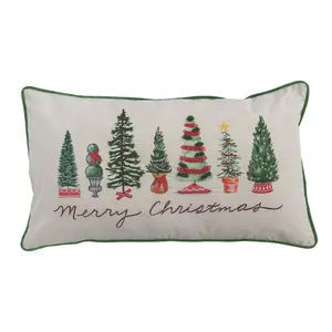 Storied Home Printed Lumbar Pillow with Piping, Embroidery, and Trees "Merry Christmas", Multicolor