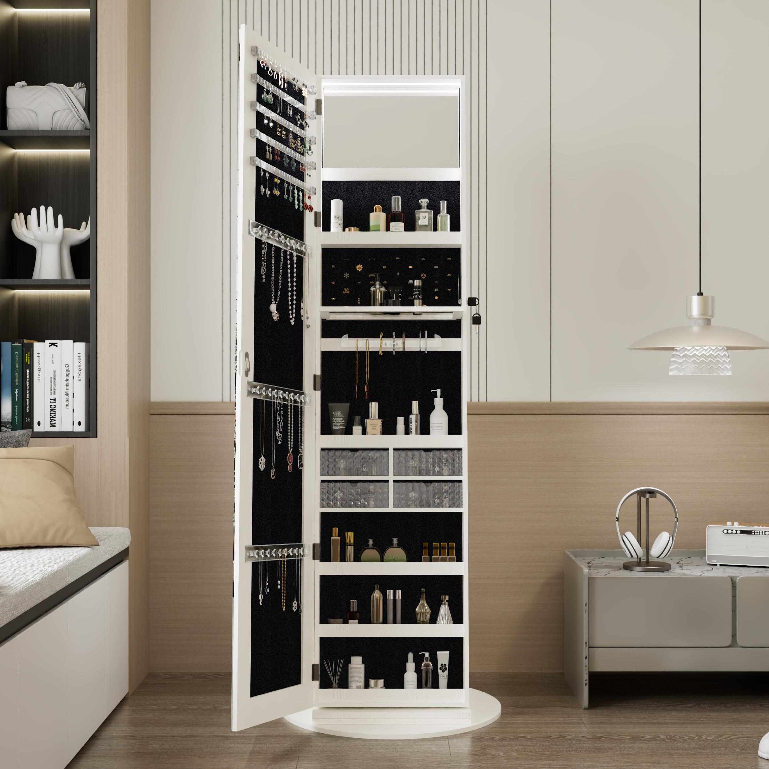 OPUL Large Storage Organizer for Jewelry, 360°Swivel Jewelry Cabinet with Full Length Mirror, 360°Rotating Standing Jewelry Armoire Organizer, Lockable Storage Cabinet, Interior Lighted Mirror, Space-Saving Organizer, Gift Idea, White