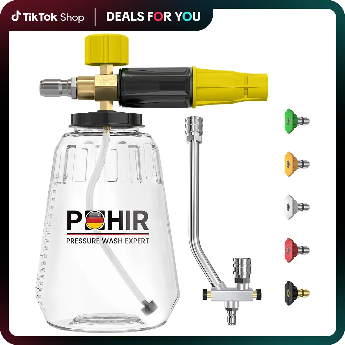 POHIR Car Washing Kit - Vehicle Wash Kit with 1/4-Inch Quick Connect Dual Connector, Easy-Attach Stainless Steel Filter, Thick Foam Spray Lance, Sprayer Nozzle, Angle Adjustment for DIY Car Care, Bikes