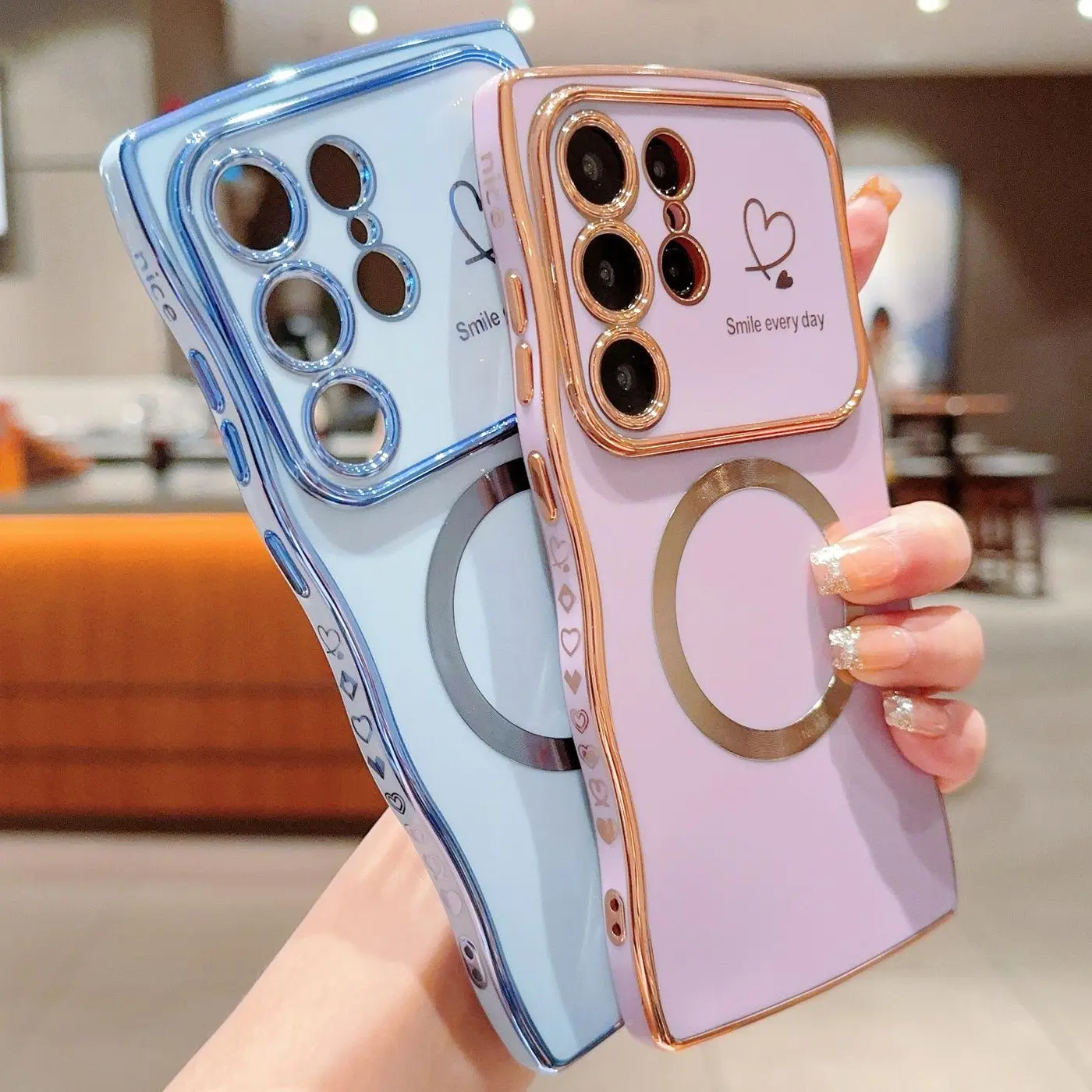 OREKROY Magnetic Curly Wave Case for Samsung Galaxy S26/S25/S24/S23/S22 Ultra & Plus, Cute Heart Plating Design, MagSafe Compatible, Shockproof Soft TPU Protective Cover for Women & Girls,back to school,back to school haul