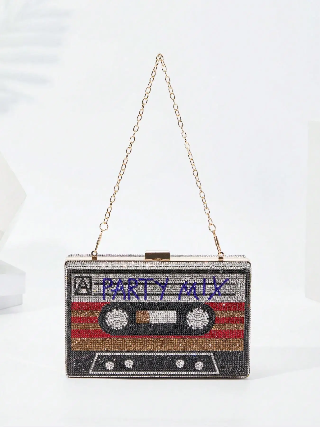 Rhinestone Decor Cassette Tape Design Bling Evening Bag, Fashionable Letter Pattern Handbag for Party, Trendy All-match & Exquisite Elegant Clutch Bag