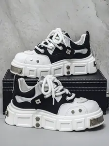 Unisex Black-White Comfortable Platform Casual Athletic Trainer Sneaker Shoes, Casual Performance Shoes, Daily Style, Soft Platform Foot Feel + Lace-Up Adaptability + Patchwork Material Upper, Soft Fit & Easy On/Off, Ideal for Commuting & Leisure Scenes