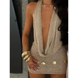 Sequin Halter Neck Short Dress for Women, Backless Sleeveless Bodycon Party Dress, Nightclub Gown for Women