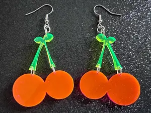 Neon Cherry Earrings: Laser Cut Acrylic Cherries, Fruit, Summer Vibes, Food Earrings, Gifts for Her/Him/Them