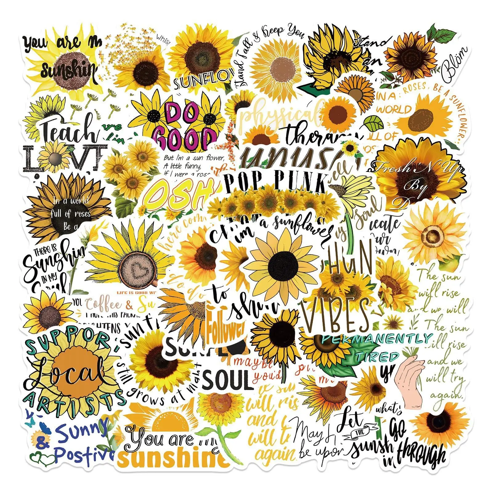 Hapiuen 50PCS Cute Sunflower Motivation Stickers, 2-3 Inches Waterproof Vinyl Yellow Flower Stickers for Kids, Colleagues, Customize Laptop, Scrapbooking Supplies, Children's Day Floral Party Favors, 50 Pieces