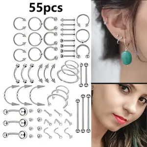55-piece Punk Versatile Body Piercing Jewelry Set, Multi-style Combo with Tongue Rings, Lip Studs, Earrings & Nose Rings, Minimalist Hypoallergenic Ear Cartilage Studs