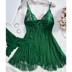 Lace Sleepwear Dress Set - Exquisite Lace, Flattering V-Neckline, Daring Backless Design, Delicate Ruffle Trim, Trendy Split Hem, Seductive Thong Detail, Ultra-Comfortable Fabric, Perfect for Romantic Night, Anniversary Gift Womenswear