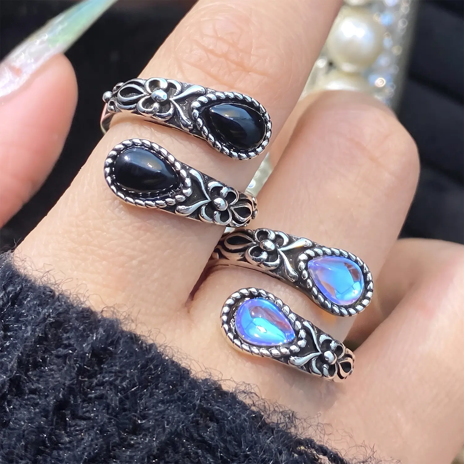 EMPTAN 925 Sterling Silver Moonstone Ring for Women, Adjustable Vintage Boho Gemstone Open Ring, Retro Jewelry Gift for Mom Wife Girlfriend