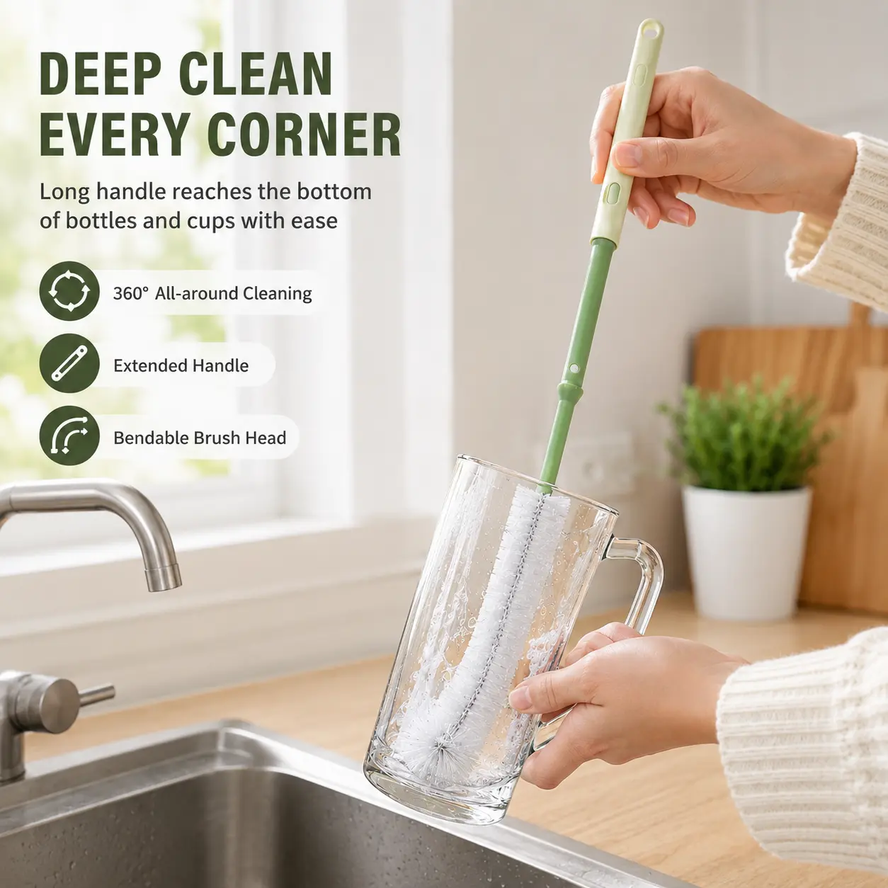 1 Count, Extendable Handle Cup Cleaning Brush with 360 Degree Dense Soft Bristles, for Deep Cleaning Glass Water Bottles and Drinking Cups