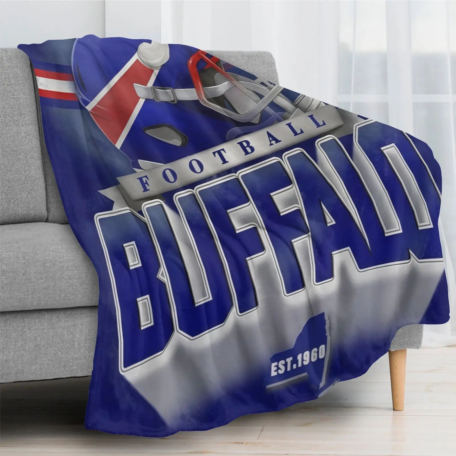 Buffalo Football Fleece Blanket  Lightweight Cozy Throw with Bold "Buffalo" Print  Helmet Design Vintage Style All-Season Home Decor Perfect Gift for Sports Fans  Game Day Enthusiasts Football Room Decor Durable Fabric