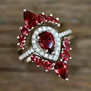 Delicate and elegant Pear Red teardrop jewelry ring set imitating Garnet and Zirconia, Holy Light bridal ring, wedding ring, gift For Girlfriend