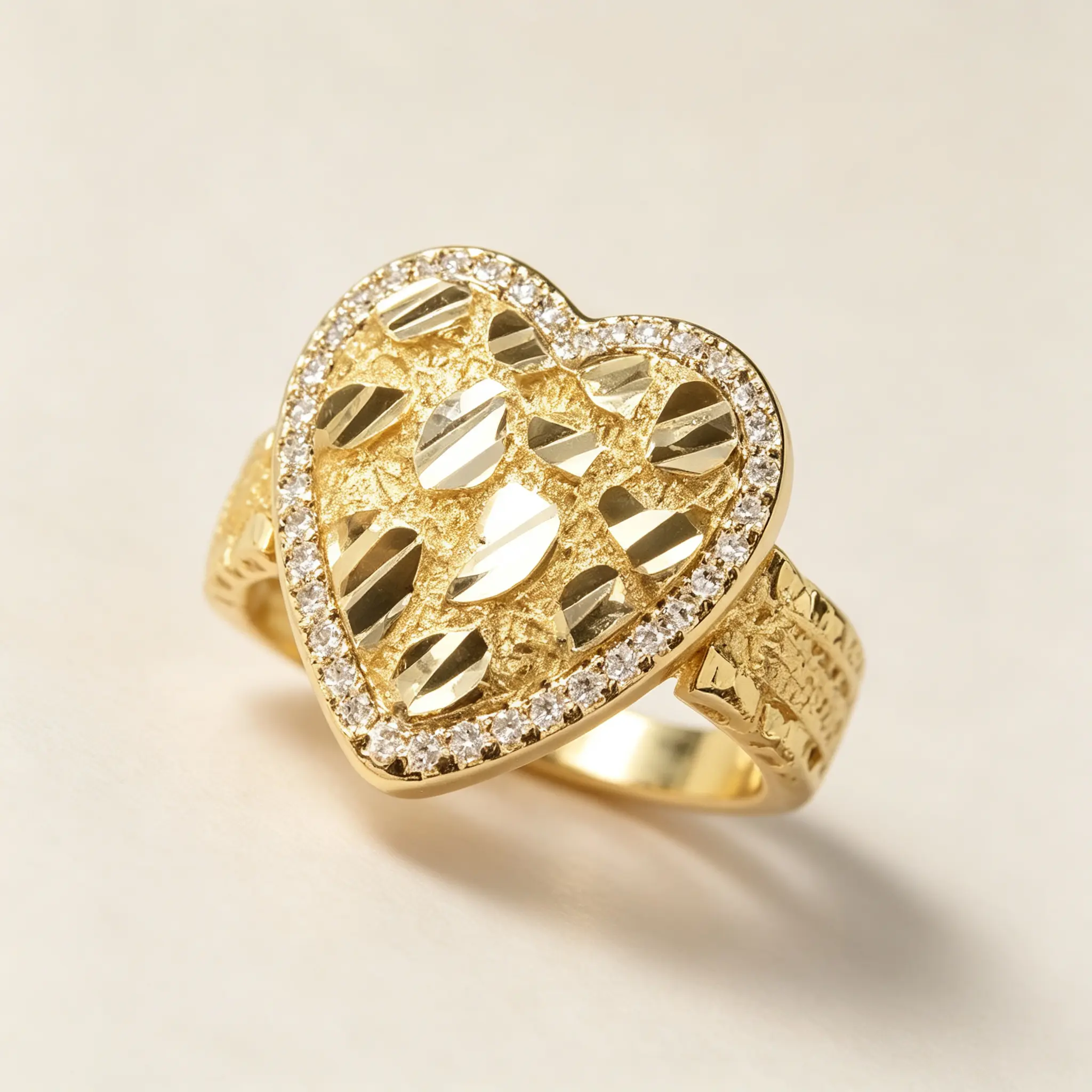 14K Gold Plated Iced Out Heart Signet Ring, Border Cubic Zirconia Love Heart Statement Ring, Textured Carved Cocktail Ring, Hip‑Hop Fashion Jewelry Gift For Women