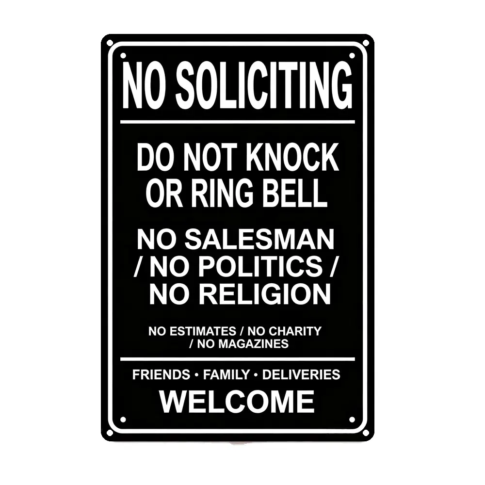 Aluminium No Soliciting Home Decor Plaque Sign, 8x12in - For Home Front Door, No Knocking/Ringing Doorbell, Welcomes Family Friends & Deliveries, Prohibits Unsolicited Solicitors, Indoor/Outdoor Use, Easy Install