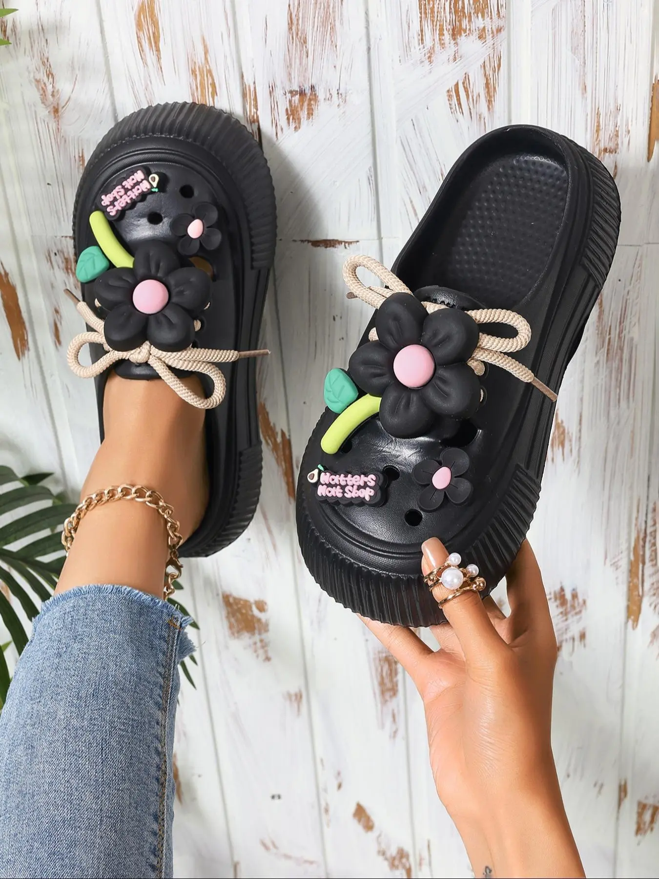 Women's Fashionable Flower Decorated Slides, Floral Slippers, Casual Comfortable Non-slip Summer Slippers for Outdoor Beach, Lightweight Breathable Slippers for Daily Wear, Walking Shoes