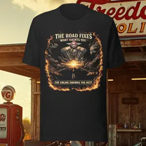 The road fixes what haunts you/The engine drowns the rest Unisex t-shirt
