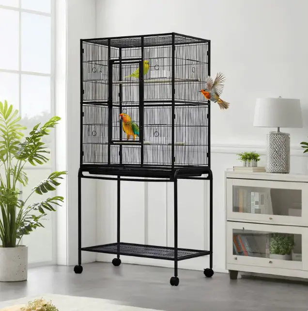 62.6" Large Bird Cage, Parrot Bird Cage with Rolling Stand & Storage Shelf, Heavy Duty Wrought Iron Flight Cage, Secure Lock, Ideal for Parakeets, Parrots, Cockatiels, Conures, Lovebirds