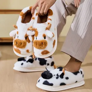 Cute Cotton Slippers, Cartoon Cow Fur Slippers, Unisex Winter Home Casual Slippers, Indoor Fall Winter Cotton Slippers