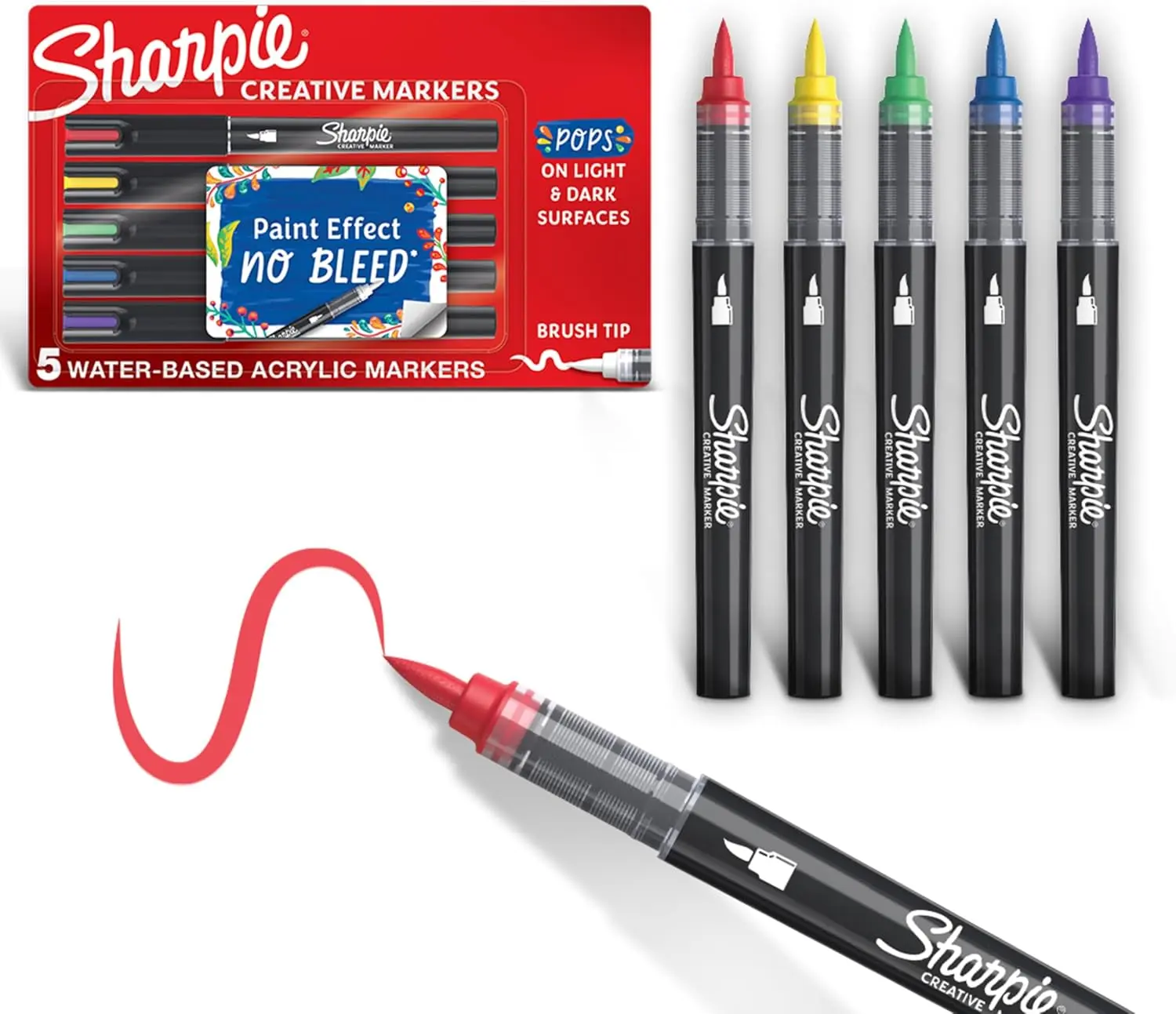 Sharpie Creative Markers, Water-Based Acrylic Markers, Brush Tip, Assorted Colors, 5 Count