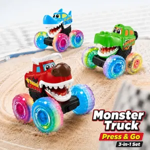 Press & Go Monster Truck Toy 3-in-1 Set, Light-Up Wheel Animal Toy Cars for Kids, Shark Crocodile Dinosaur Style Push and Go Vehicles, Fun Indoor Play Car Toys for Boys and Girls