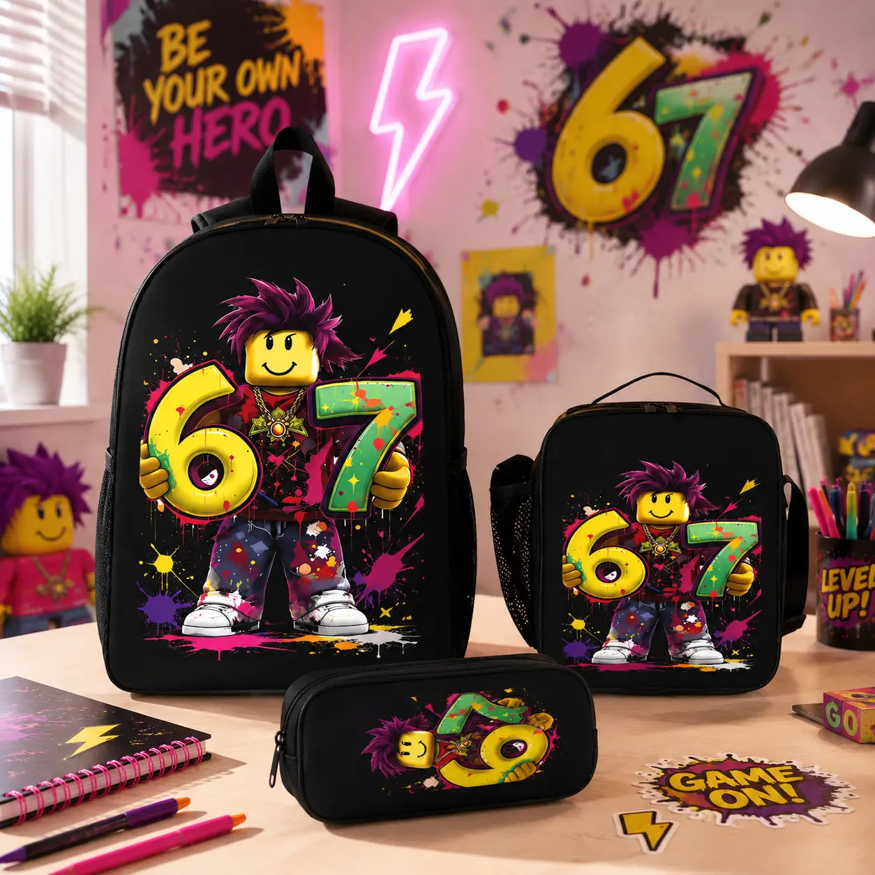Roblox Style 67 Graffiti 3 Piece Backpack Set Street Art Print School Bag Lunch Bag Pencil Case Daypack Gamers Gaming Backpack Roblox Inspired