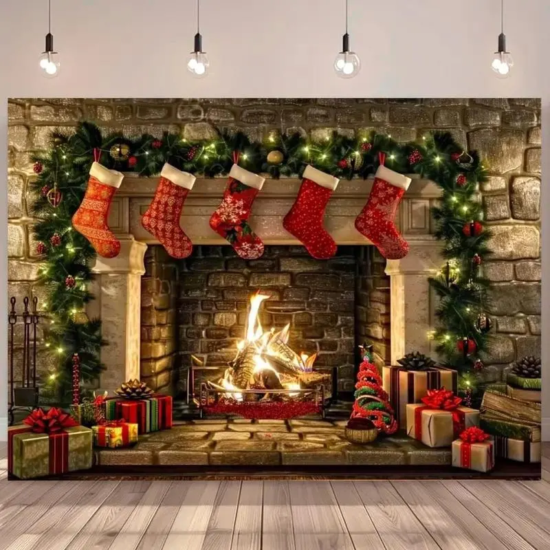 High-Quality Polyester Cozy Winter Christmas Fireplace Backdrop Banner - With Stockings, Gifts, Festive Garland, Lightweight, Easy Installation for Party Photography, Seasonal Home Decor, Decoration, Business