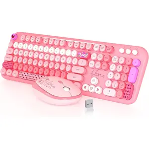 GJ     P-KBB05   Wireless Keyboard and Mouse, 104 Round Keys Lovely Full-Size Cute Colorful Keyboard and Mouse with Retro Typewriter for PC/Mac/Laptop/Tablet/Computer/Windows Pink